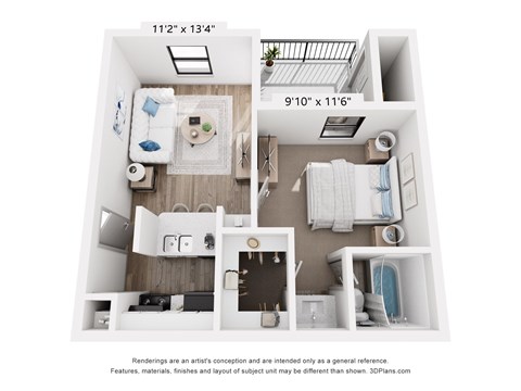 A 3D floor plan of a small apartment with a kitchen, living room, and bathroom.